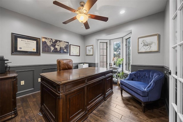 204 Pine Cone Ct, Pine Twp Nal, PA 15090 - office space featuring dark wood-type flooring, a wainscoted wall, a ceiling fan, and recessed lighting