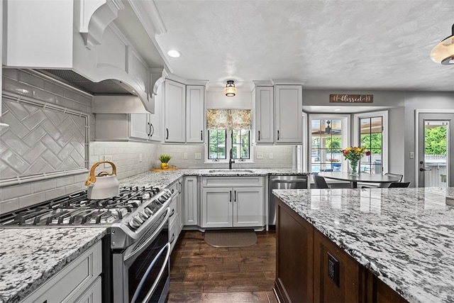 204 Pine Cone Ct, Pine Twp Nal, PA 15090 - kitchen featuring stainless steel appliances, dark wood-type flooring, custom exhaust hood, tasteful backsplash, and recessed lighting
