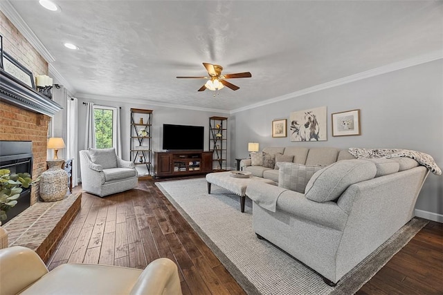 204 Pine Cone Ct, Pine Twp Nal, PA 15090 - living area featuring crown molding, dark wood-style floors, ceiling fan, a brick fireplace, and recessed lighting