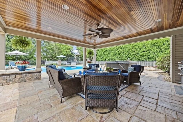 204 Pine Cone Ct, Pine Twp Nal, PA 15090 - fenced backyard featuring a hot tub, a patio area, and a ceiling fan