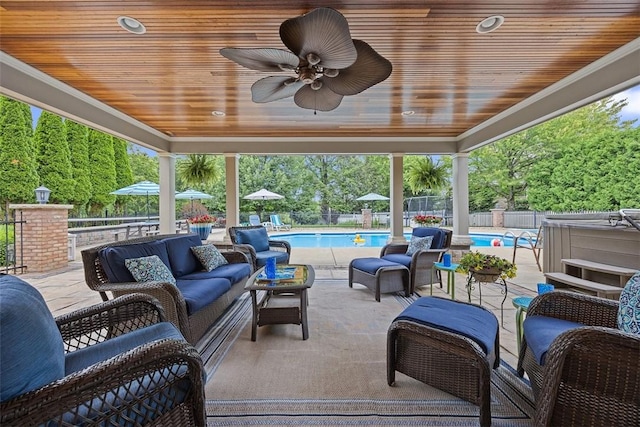 204 Pine Cone Ct, Pine Twp Nal, PA 15090 - fenced backyard with an outdoor living space, a patio area, ceiling fan, and a hot tub