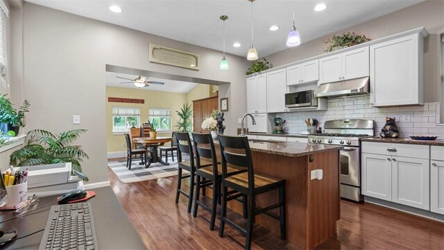 422 S Lang Ave, Point Breeze, PA 15208 - kitchen with under cabinet range hood, stainless steel appliances, recessed lighting, tasteful backsplash, and a ceiling fan