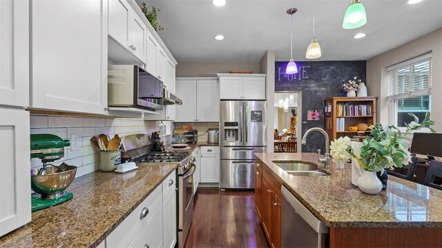 422 S Lang Ave, Point Breeze, PA 15208 - kitchen with stainless steel appliances, recessed lighting, a kitchen island with sink, dark wood-style floors, and white cabinets