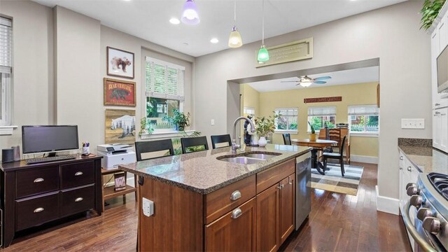 422 S Lang Ave, Point Breeze, PA 15208 - kitchen featuring appliances with stainless steel finishes, dark wood finished floors, dark stone counters, a ceiling fan, and recessed lighting