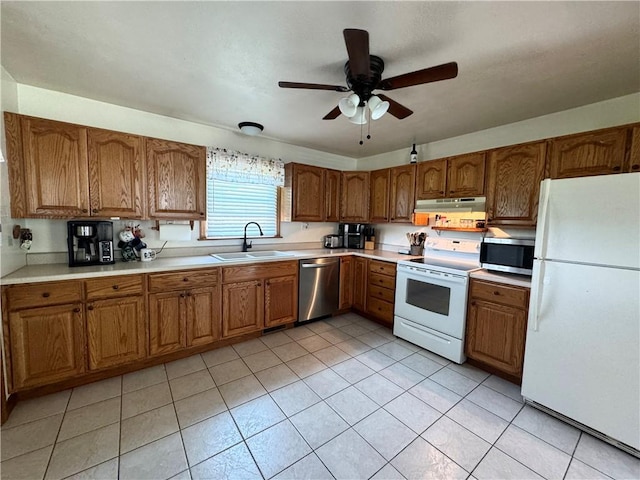 326 Aiken Rd, Shenango Twp Law, PA 16101 - kitchen featuring appliances with stainless steel finishes, under cabinet range hood, brown cabinets, and a ceiling fan