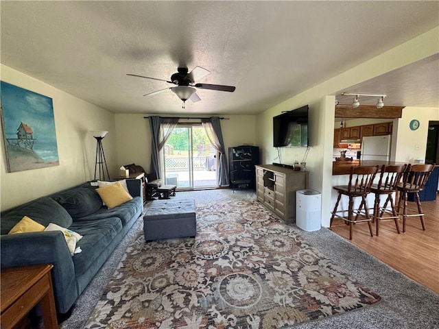 326 Aiken Rd, Shenango Twp Law, PA 16101 - living room featuring ceiling fan, wood finished floors, a textured ceiling, and rail lighting