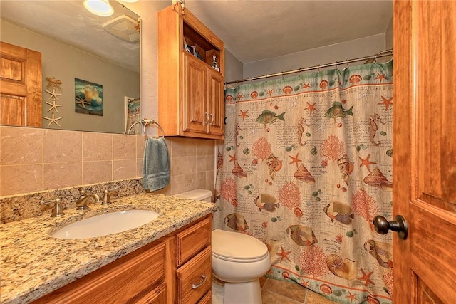 354 Moween Rd, Loyalhanna, PA 15681 - full bath featuring vanity, decorative backsplash, and a shower with curtain