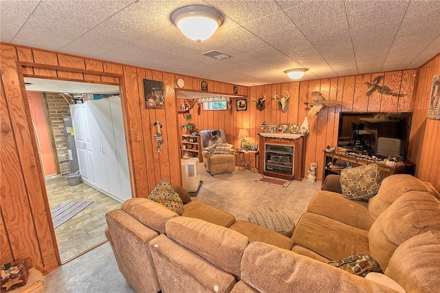 354 Moween Rd, Loyalhanna, PA 15681 - living area featuring wooden walls and a fireplace