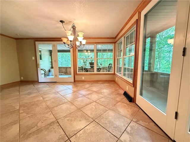 301 Hopper Rd, Delaware Twp, PA 16154 - unfurnished sunroom featuring a chandelier, ornamental molding, and tile patterned flooring