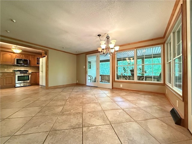 301 Hopper Rd, Delaware Twp, PA 16154 - unfurnished dining area with a chandelier, crown molding, light tile patterned flooring, and a textured ceiling