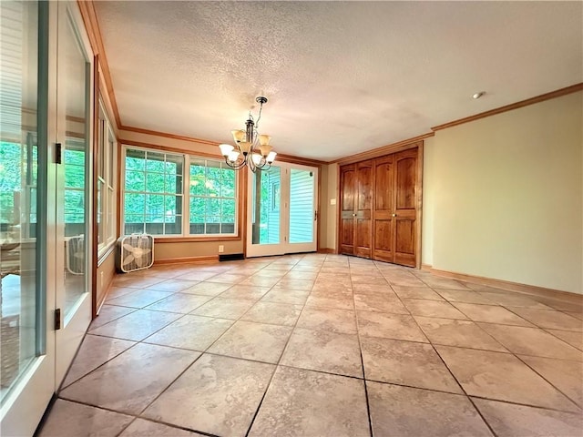 301 Hopper Rd, Delaware Twp, PA 16154 - unfurnished dining area featuring crown molding, a chandelier, a textured ceiling, and light tile patterned flooring