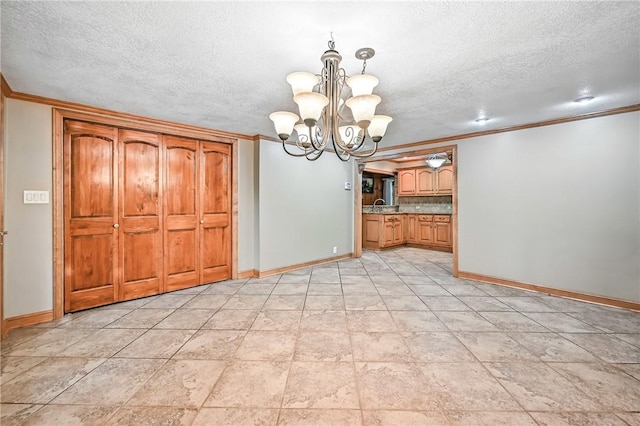 301 Hopper Rd, Delaware Twp, PA 16154 - unfurnished dining area with a chandelier, crown molding, and a textured ceiling