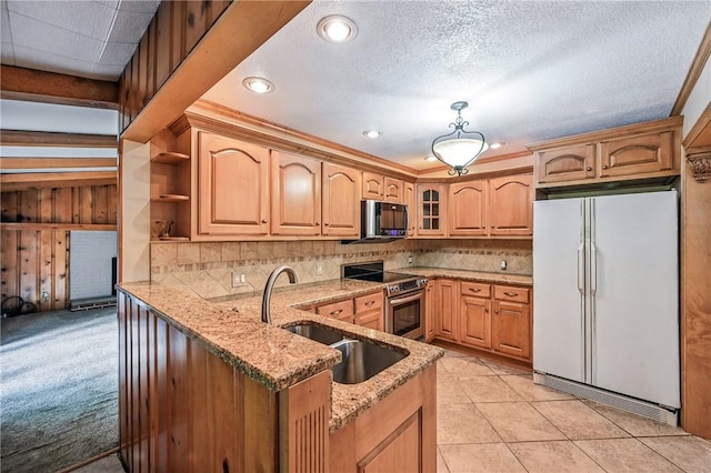 301 Hopper Rd, Delaware Twp, PA 16154 - kitchen featuring white fridge, stainless steel range with electric stovetop, a peninsula, open shelves, and backsplash