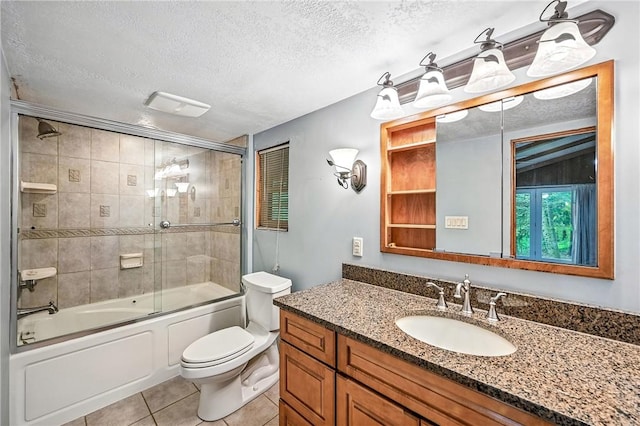301 Hopper Rd, Delaware Twp, PA 16154 - bathroom with vanity, a textured ceiling, tile patterned floors, and combined bath / shower with glass door