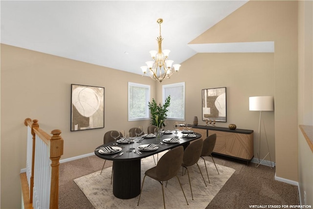 9404 Sundance Dr, South Fayette, PA 15017 - dining area with a chandelier, light carpet, and vaulted ceiling