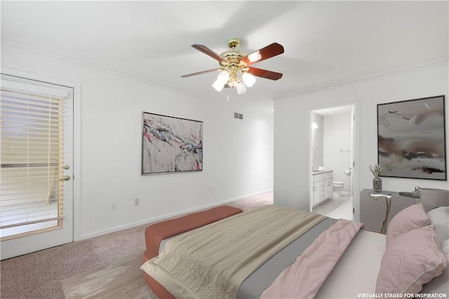 9404 Sundance Dr, South Fayette, PA 15017 - bedroom with light carpet, ornamental molding, ensuite bathroom, and ceiling fan
