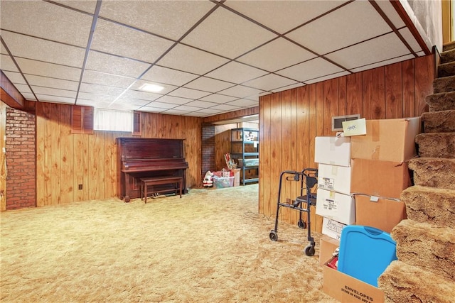 2345 Stoystown Rd, Somerset Twp, PA 15541 - basement with wood walls, carpet floors, and a paneled ceiling