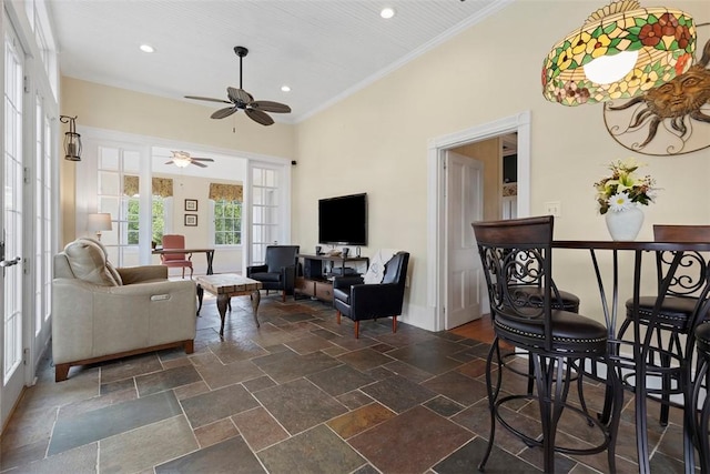 899 Old Thorn Run Rd, Moon/Crescent Twp, PA 15108 - living area with a ceiling fan, ornamental molding, recessed lighting, stone tile floors, and a high ceiling