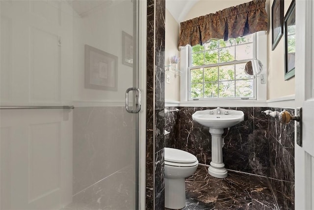 899 Old Thorn Run Rd, Moon/Crescent Twp, PA 15108 - bathroom featuring tile walls, a stall shower, wainscoting, and marble finish flooring