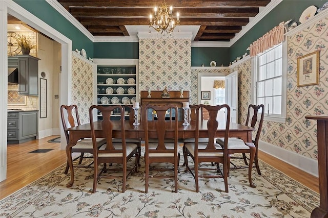 899 Old Thorn Run Rd, Moon/Crescent Twp, PA 15108 - dining space featuring wood finished floors, ornamental molding, a chandelier, beam ceiling, and wallpapered walls
