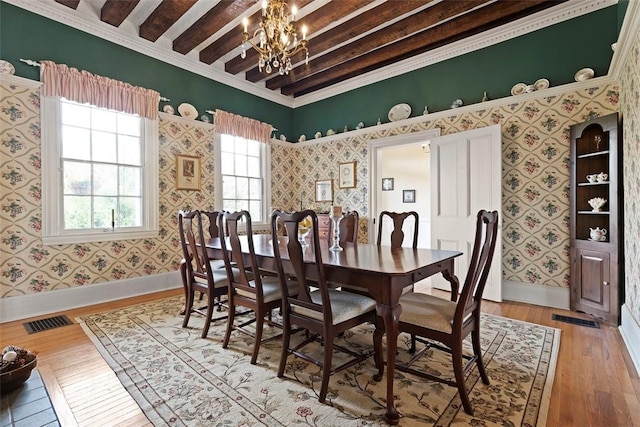 899 Old Thorn Run Rd, Moon/Crescent Twp, PA 15108 - dining space featuring a chandelier, wallpapered walls, wood finished floors, beam ceiling, and ornamental molding