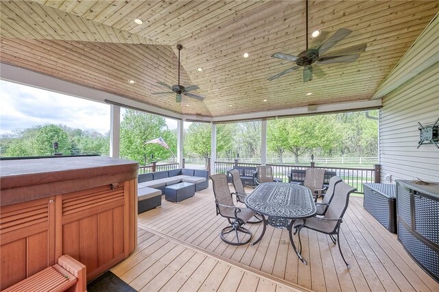 400 Chapel, Cranberry Twp, PA 16066 - wooden terrace featuring outdoor lounge area, ceiling fan, outdoor dining area, and a hot tub