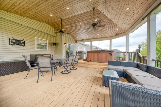 400 Chapel, Cranberry Twp, PA 16066 - wooden terrace featuring a hot tub, outdoor lounge area, ceiling fan, and outdoor dining space