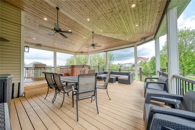 400 Chapel, Cranberry Twp, PA 16066 - sunroom featuring outdoor lounge area, a jacuzzi, outdoor dining space, a ceiling fan, and lofted ceiling