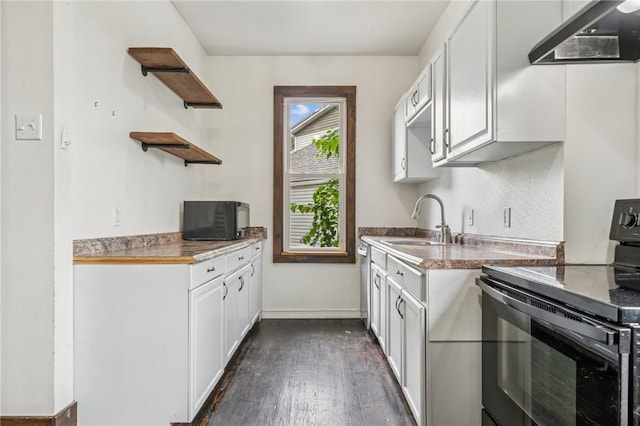 520 Morrell Ave, Connellsville, PA 15425 - kitchen with black appliances, range hood, open shelves, dark wood-type flooring, and white cabinets