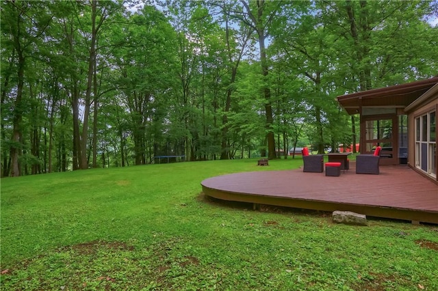 1259 Lakevue Dr, Penn Twp, PA 16001 - view of green lawn with a trampoline, a deck, and a sunroom