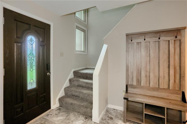 1259 Lakevue Dr, Penn Twp, PA 16001 - foyer featuring light marble finish floors and stairway