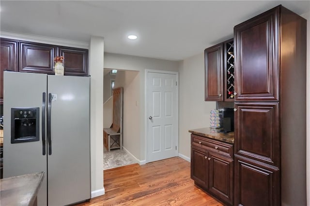 1259 Lakevue Dr, Penn Twp, PA 16001 - kitchen with stainless steel fridge with ice dispenser, light wood-style flooring, recessed lighting, and dark brown cabinets