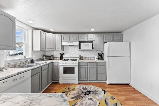 205 Cottage St, Neville Twp, PA 15225 - kitchen featuring white appliances, gray cabinetry, under cabinet range hood, tasteful backsplash, and recessed lighting