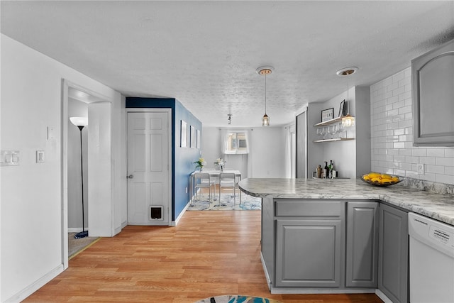 205 Cottage St, Neville Twp, PA 15225 - kitchen with gray cabinetry, dishwasher, a textured ceiling, light wood-style flooring, and open shelves