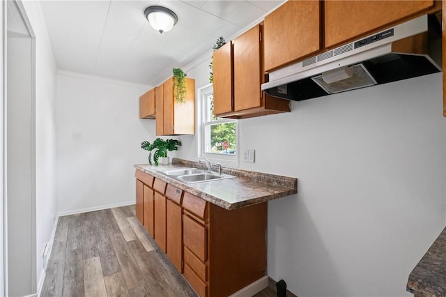 1723 Kimball Ave, Arnold, PA 15068 - kitchen with under cabinet range hood, light wood-style flooring, ornamental molding, brown cabinetry, and dark countertops