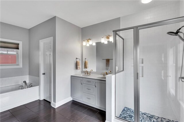 413 Cayuga Cir, Marshall, PA 16046 - bathroom with a stall shower, double vanity, a bath, and tile patterned floors