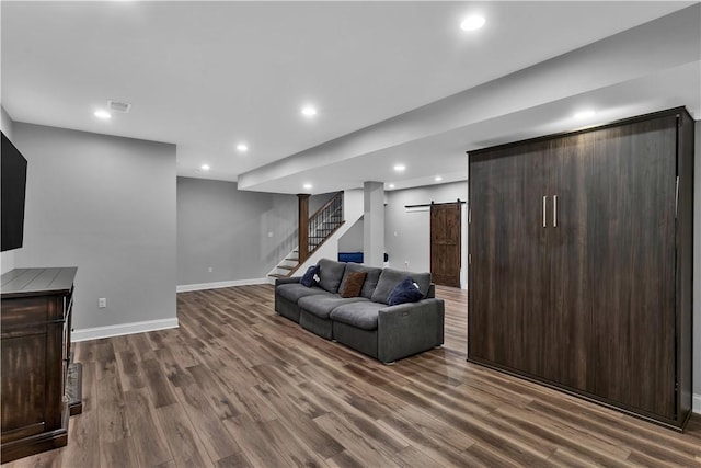 413 Cayuga Cir, Marshall, PA 16046 - living area with a barn door, stairway, dark wood-style floors, and recessed lighting