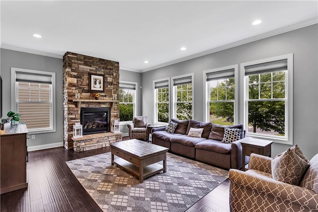 413 Cayuga Cir, Marshall, PA 16046 - living room featuring crown molding, a fireplace, dark wood finished floors, and recessed lighting