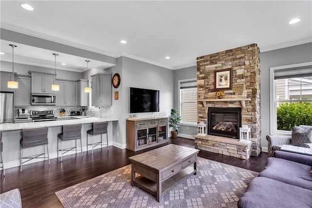 413 Cayuga Cir, Marshall, PA 16046 - living area featuring dark wood-type flooring, recessed lighting, a stone fireplace, and ornamental molding