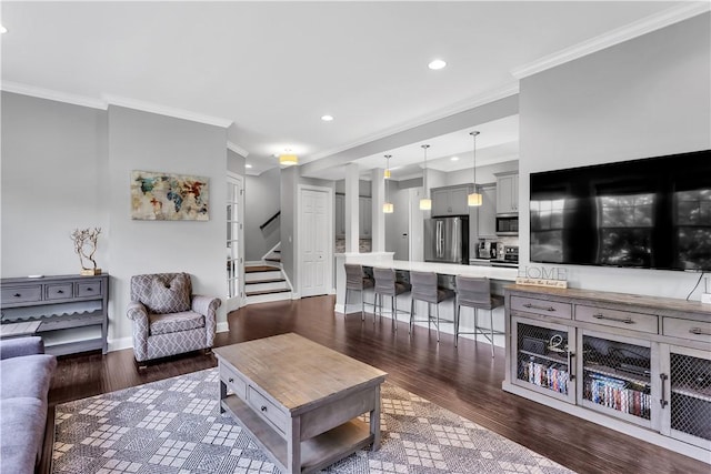 413 Cayuga Cir, Marshall, PA 16046 - living room featuring ornamental molding, stairway, dark wood-style flooring, and recessed lighting