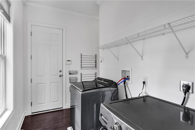 413 Cayuga Cir, Marshall, PA 16046 - washroom featuring independent washer and dryer, crown molding, and dark wood-style flooring