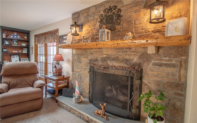 32 Dunham Dr, Hempfield Twp Wml, PA 15601 - living area featuring a stone fireplace and carpet floors