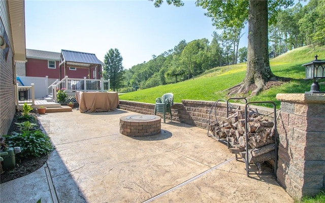 32 Dunham Dr, Hempfield Twp Wml, PA 15601 - view of patio / terrace with a fire pit and a deck