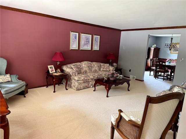 32 Dunham Dr, Hempfield Twp Wml, PA 15601 - living area with carpet floors, ornamental molding, and a chandelier