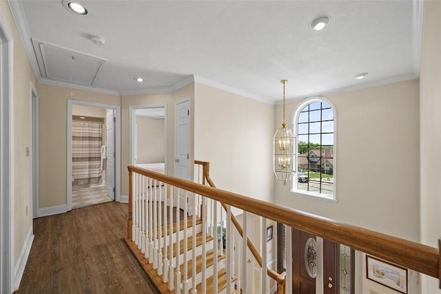 110 Northgate, West Mifflin, PA 15122 - corridor featuring attic access, an upstairs landing, recessed lighting, dark wood-type flooring, and crown molding