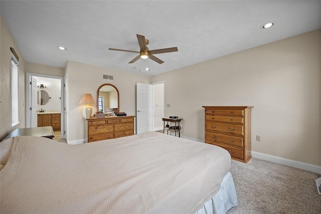110 Northgate, West Mifflin, PA 15122 - bedroom with recessed lighting, light carpet, ceiling fan, and ensuite bath