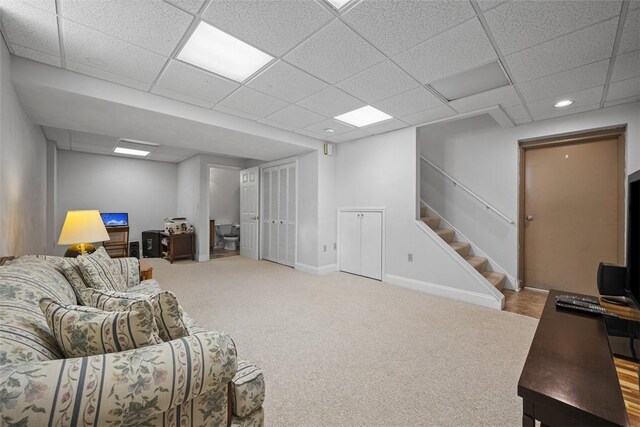 110 Northgate, West Mifflin, PA 15122 - carpeted living room featuring stairs and a drop ceiling