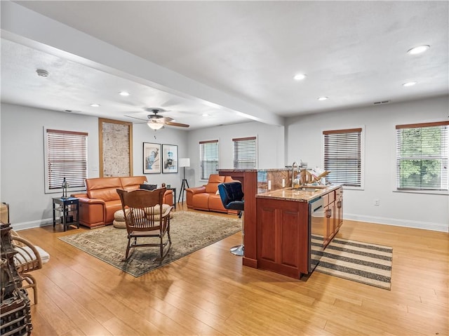 1556 Island Ave, Stowe Twp, PA 15136 - living area featuring light wood-style floors, recessed lighting, a ceiling fan, and wine cooler