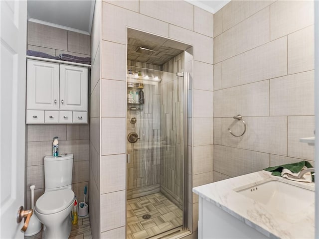 1556 Island Ave, Stowe Twp, PA 15136 - bathroom with tile walls, ornamental molding, vanity, and a stall shower