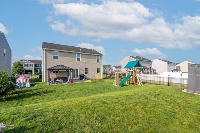 226 Stevens Ct, South Strabane, PA 15301 - back of property with a gazebo, a playground, a residential view, a shed, and a patio area